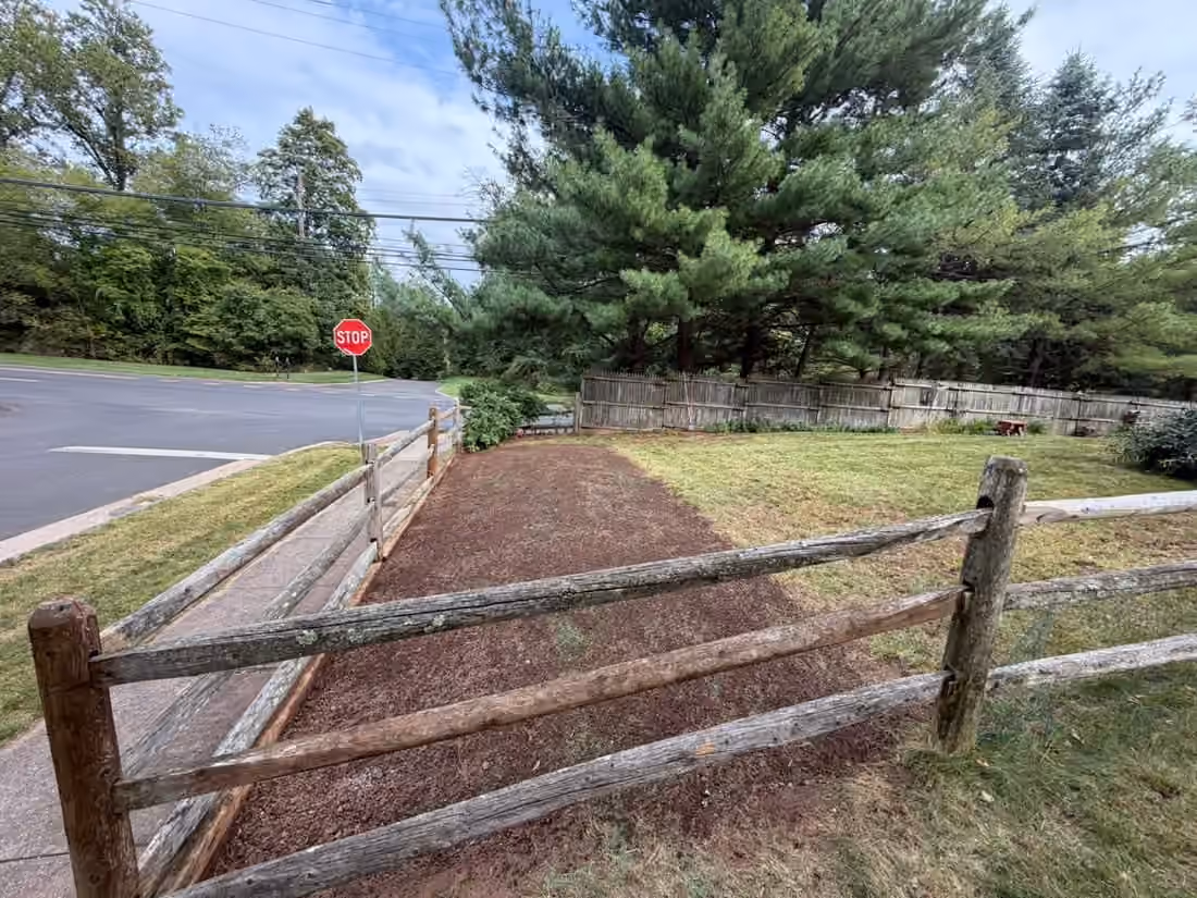 Raked soil strip inside a split-rail fence with new grass starting to show through